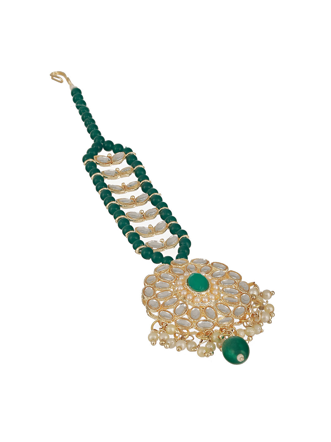 Gold-Plated Green & White Kundan Studded & Pearl Beaded Maang Tikka