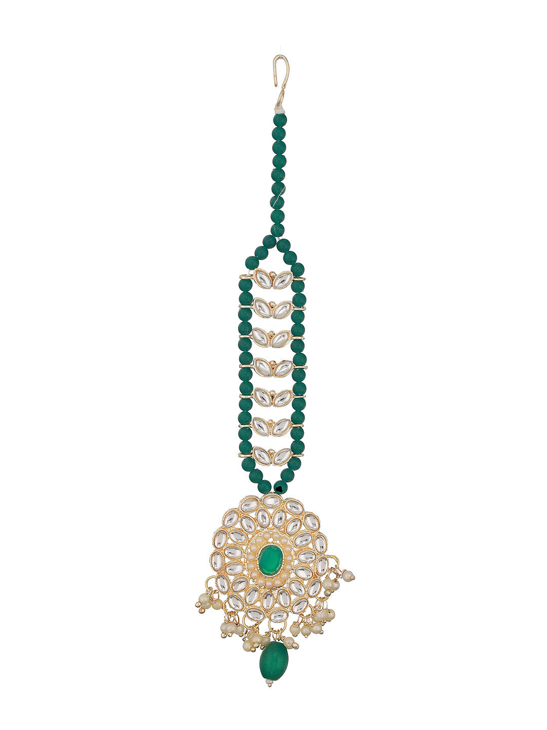 Gold-Plated Green & White Kundan Studded & Pearl Beaded Maang Tikka