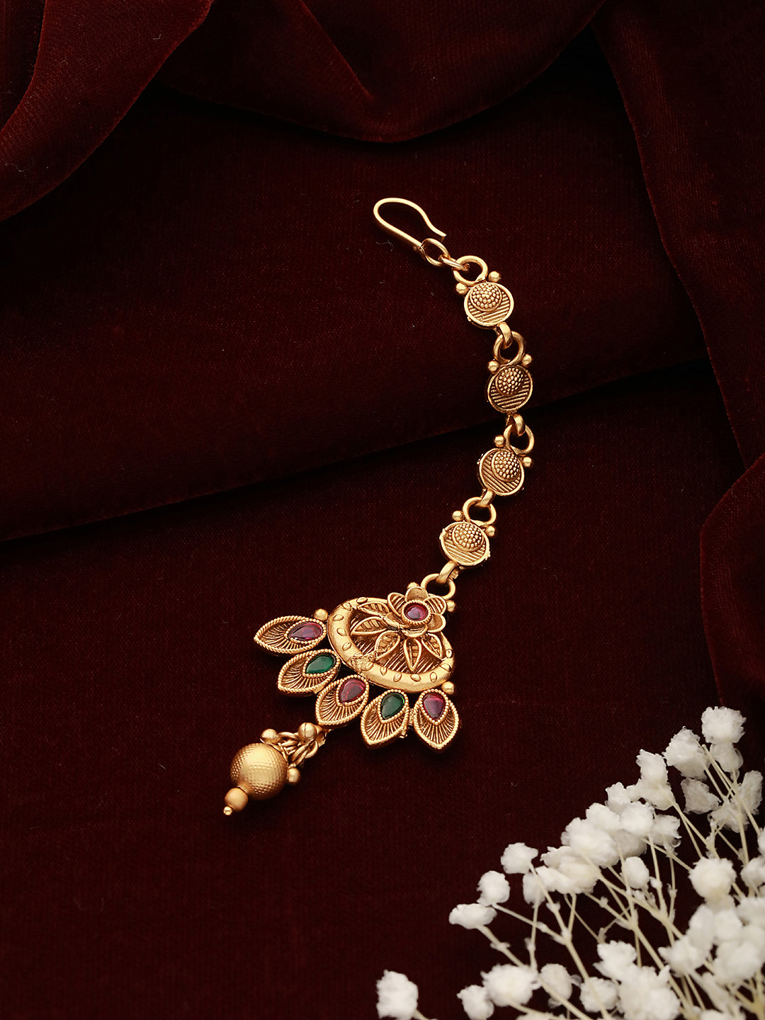 Gold-Plated Pink & Green Stone Studded Handcrafted Temple Maang Tikka