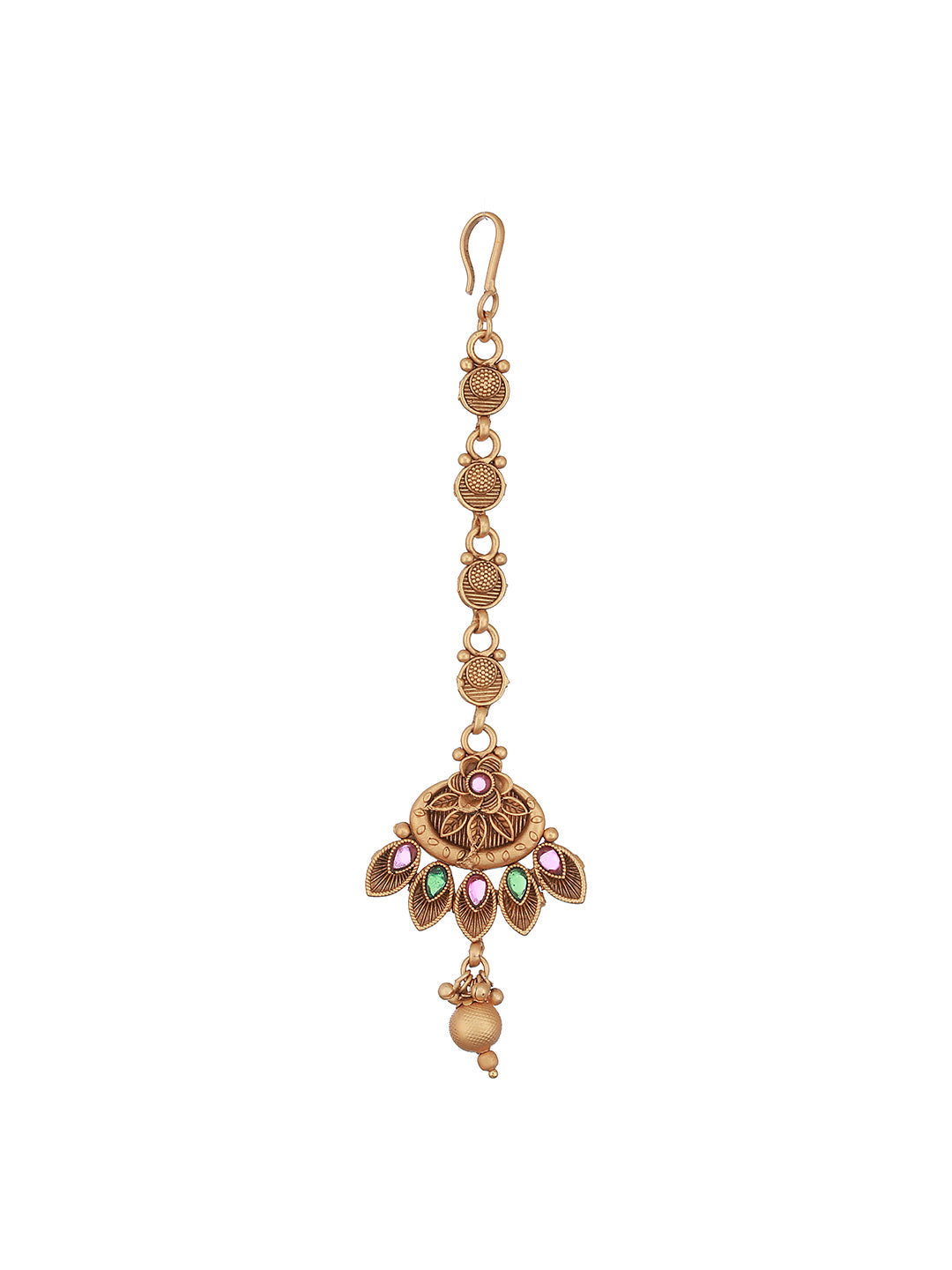 Gold-Plated Pink & Green Stone Studded Handcrafted Temple Maang Tikka