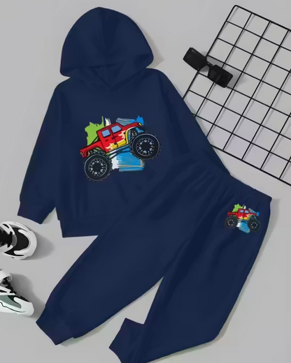Boys Navy Blue Monster Truck Print Hoodie & Jogger Set Luck Fashion