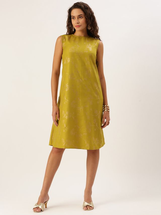 Bollywood Vogue Ready To Wear Olive Green Rayon Print Dress