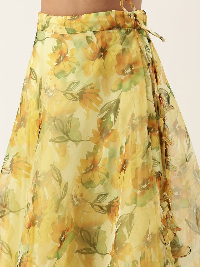 Bollywood Vogue Ready To Wear Yellow Printed Organza Lehenga