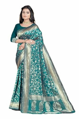 AXONIT Soft Silk Saree with Golden Zari Floral & Peacock Weaving