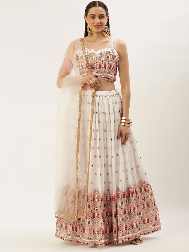 Bollywood Vogue Ready To Wear White Georgette Sequins Embroidered Lehenga