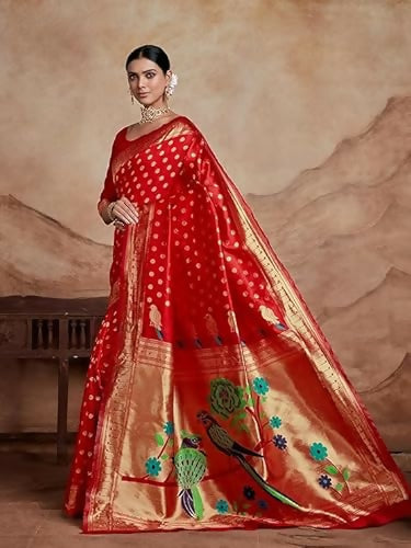 AXONIT Royal Radiance Red Soft Silk Saree with Golden Zari Peacock Pallu