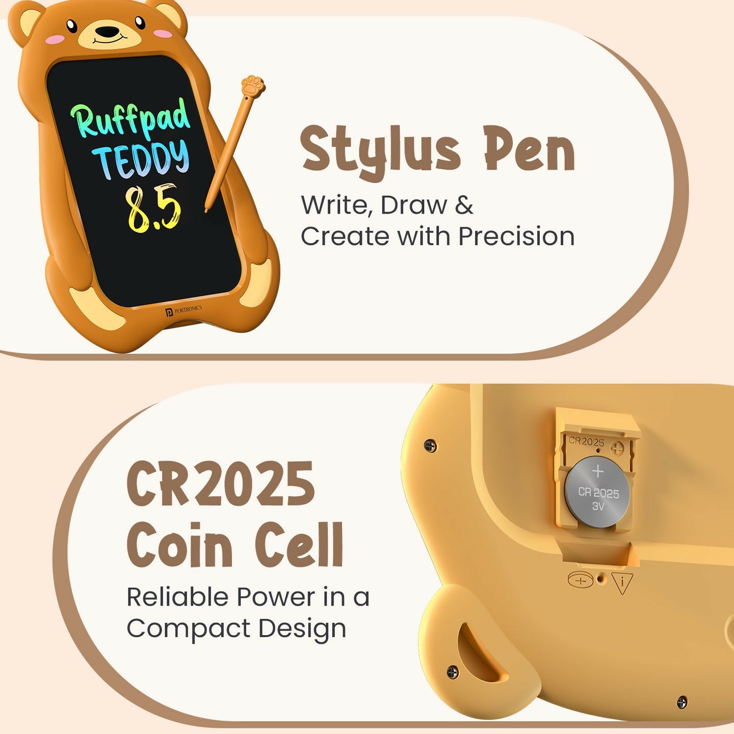 Portronics Ruffpad Teddy 8.5-Inch Multicolor LCD Writing & Drawing Tablet with One-Tap Erase, Teddy Bear Design, Eye-Safe Screen – Reusable & Eco-Friendly - Brown