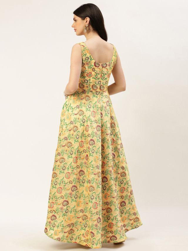 Bollywood Vogue Ready To Wear Beige Art Silk Jacquard Dress
