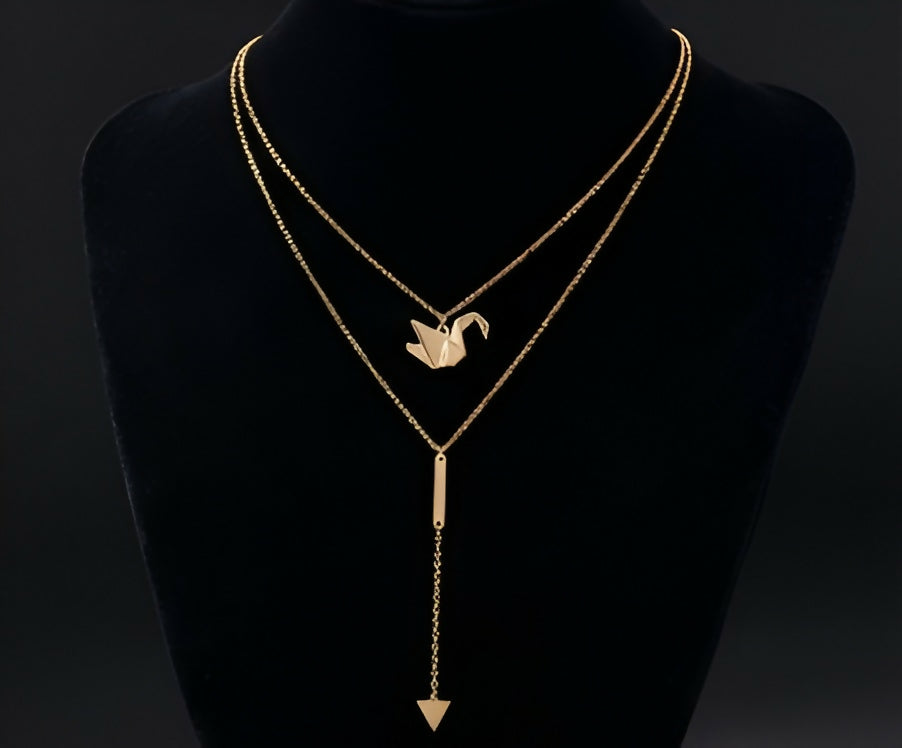 Minimalist Gold Layered Necklace Combo with Swan Charm & Geometric Drop Pendant pinapes
