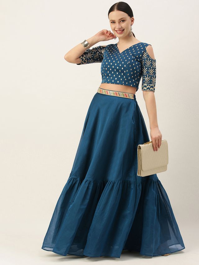 Bollywood Vogue Ready To Wear Blue Chanderi Embroidered Blouse N Blue Skirt