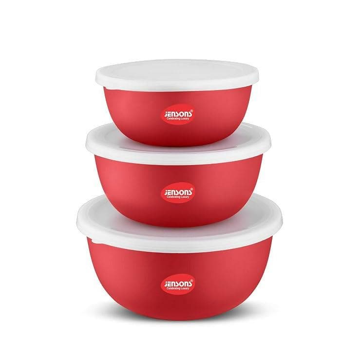 Microwave Bowl Set,Stainless Steel 3 pcs (600 ml + 800 ml + 1300 ml,Red) - HalfPe