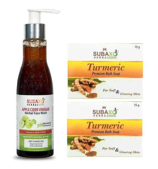 Subaxo Turmeric Bath Soap (75g Each, Pack Of 2) & Apple Cider Vinegar Deep Cleansing Skin Glowing Face Wash(200ml) - HalfPe