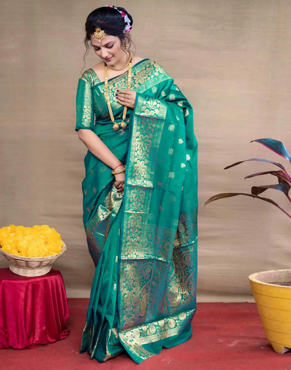 AXONIT Royal Emerald Jacquard Saree with Broad Golden Zari Border & Pallu
