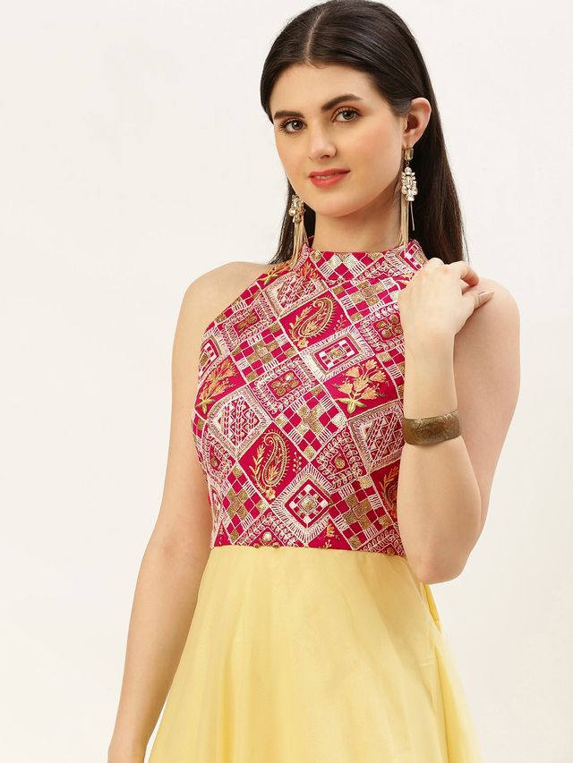 Bollywood Vogue Ready To Wear Dark Pink Embroidered Georgette N Yellow Net Dress