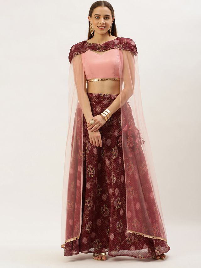 Bollywood Vogue Ready To Wear Wine Georgette Printed Cape Lehenga Set