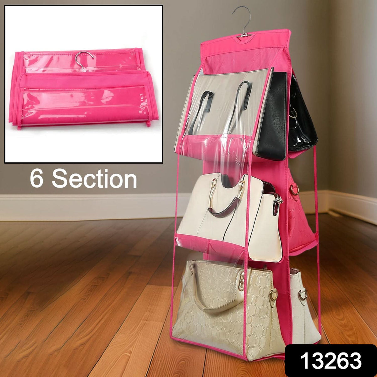 Clear 6-Pocket Hanging Handbag Organizer – Space-Saving Purse & Shelf Storage (1 Pc) HP DD