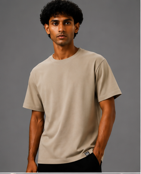 HUSTLE Men's Crew Neck Relaxed Fit T-Shirt – Dull Cream(relax fit)
