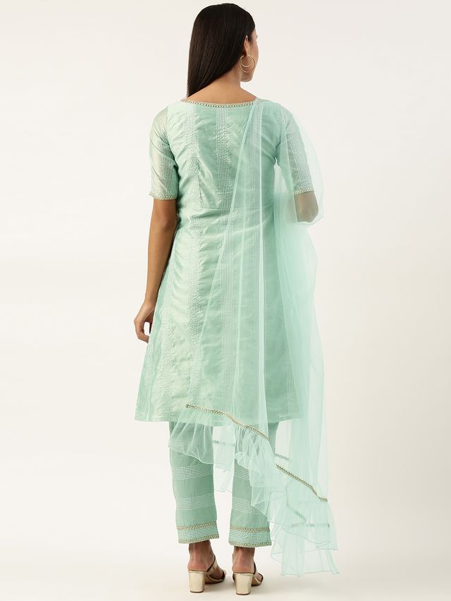 Bollywood Vogue Ready To Wear Pista Green Chanderi Straight Kurta Set