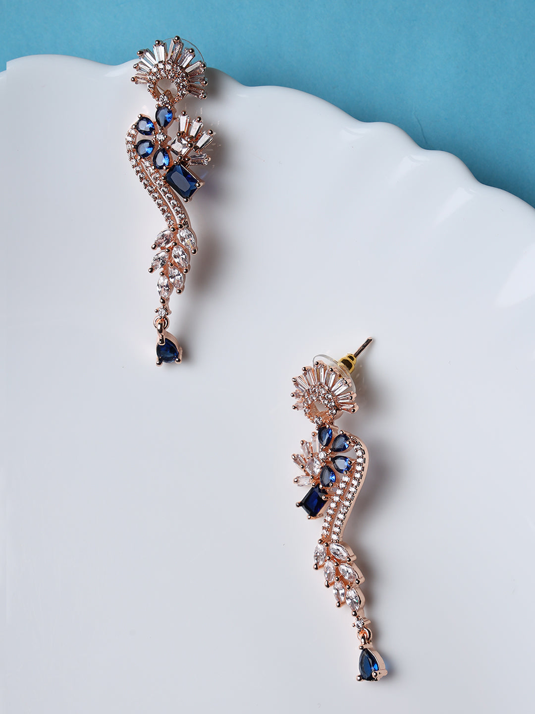 Rose Gold & Blue American Diamond Studded Floral Drop Earrings