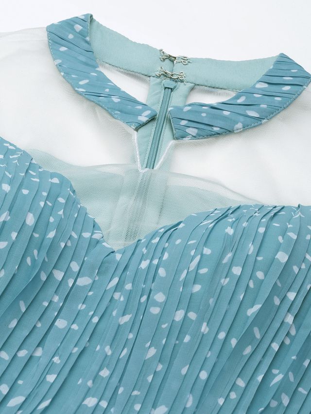 Bollywood Vogue Ready To Wear Blue N White Printed Pleated Georgette Gown