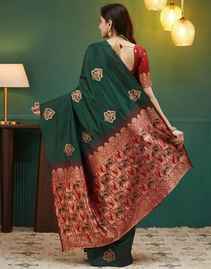 AXONIT Royal Emerald Premium Soft Silk Saree with Intricate Golden Zari Weaving and Rich Mustard-Gold Pallu