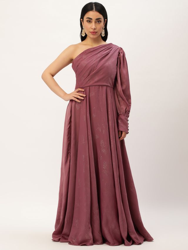 Bollywood Vogue Ready To Wear Mauve Satin Blend Foil Printed Gown