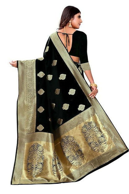 AXONIT Jacquard Silk Saree with Heavy Golden Zari Butta & Antique Gold Border