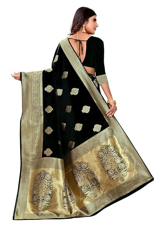 AXONIT Jacquard Silk Saree with Heavy Golden Zari Butta & Antique Gold Border
