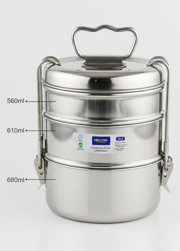 Nelcon Vistalox Stainless Steel Lunch Box – 1850 ml, 3-Tier, Food Grade, Easy Carry Handle HalfPe - FW -TPT