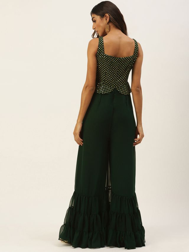 Bollywood Vogue Ready To Wear Green Georgette Sequins Jumpsuit