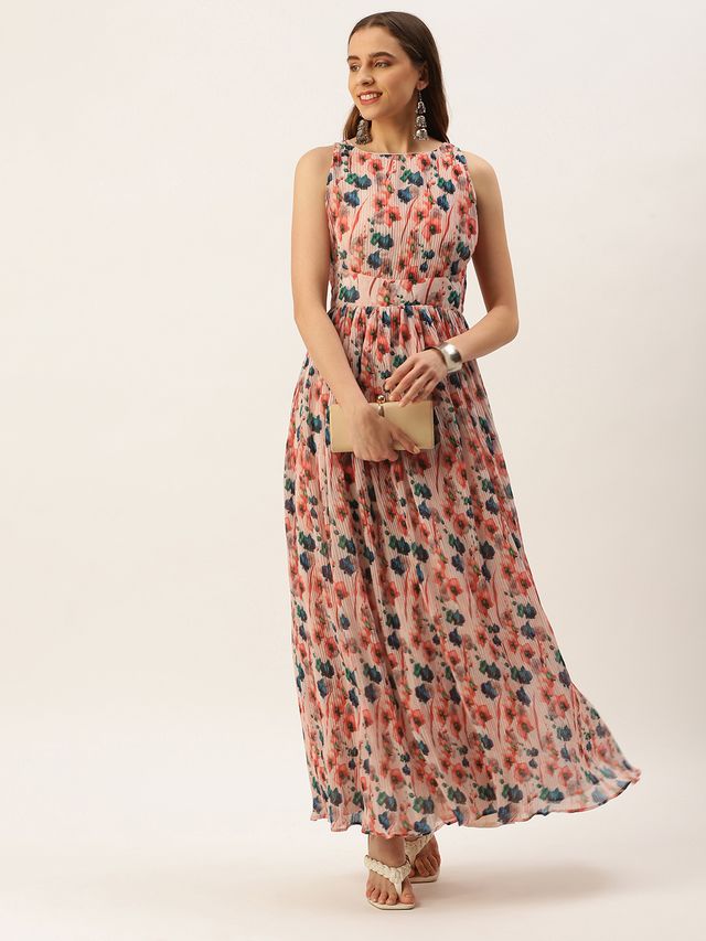 Bollywood Vogue Ready To Wear Multicoloured Georgette Pleated Dress