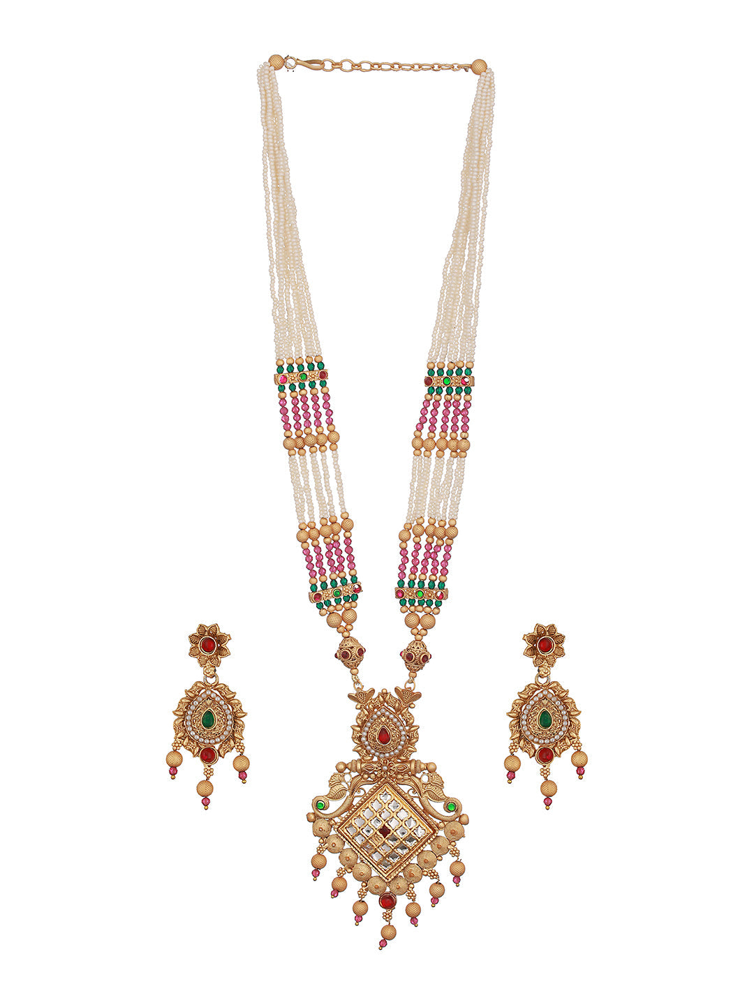 24K Gold-Plated White & Purple Beaded Handcrafted Traditional Necklace Set