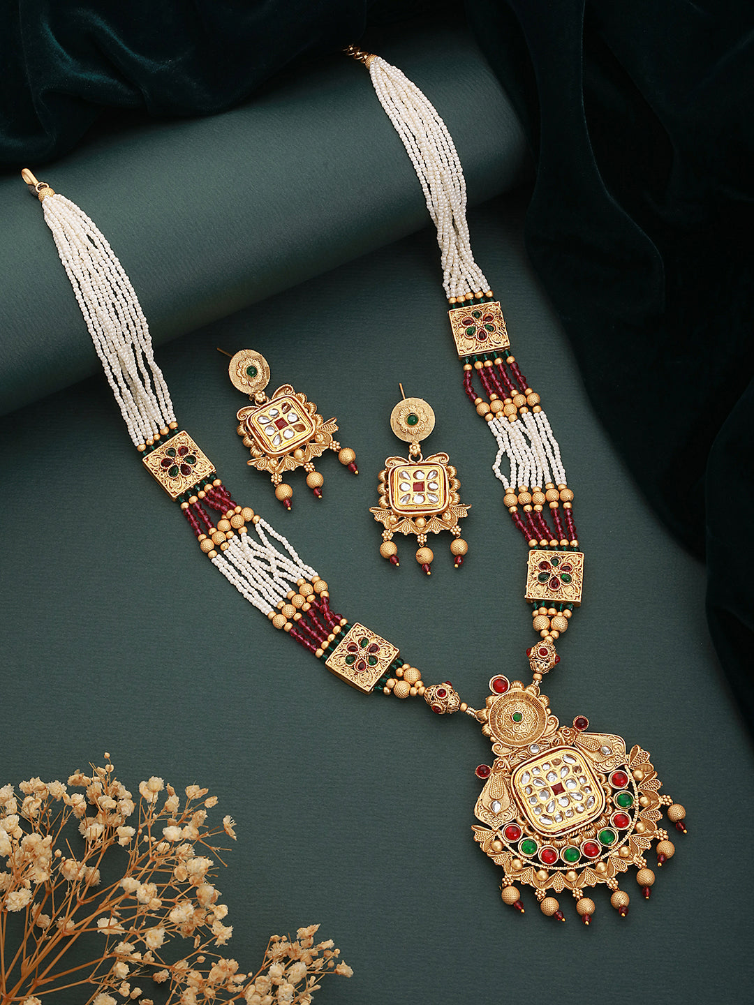 24K Gold-Plated Red & Greed Stone Studded Beaded Handcrafted Traditional Necklace Set