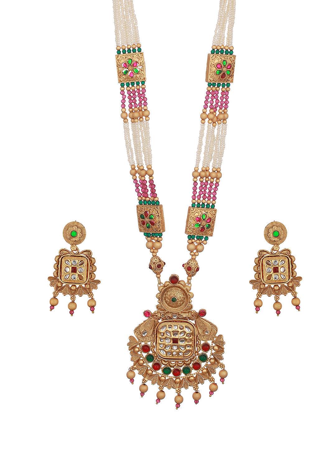 24K Gold-Plated Red & Greed Stone Studded Beaded Handcrafted Traditional Necklace Set