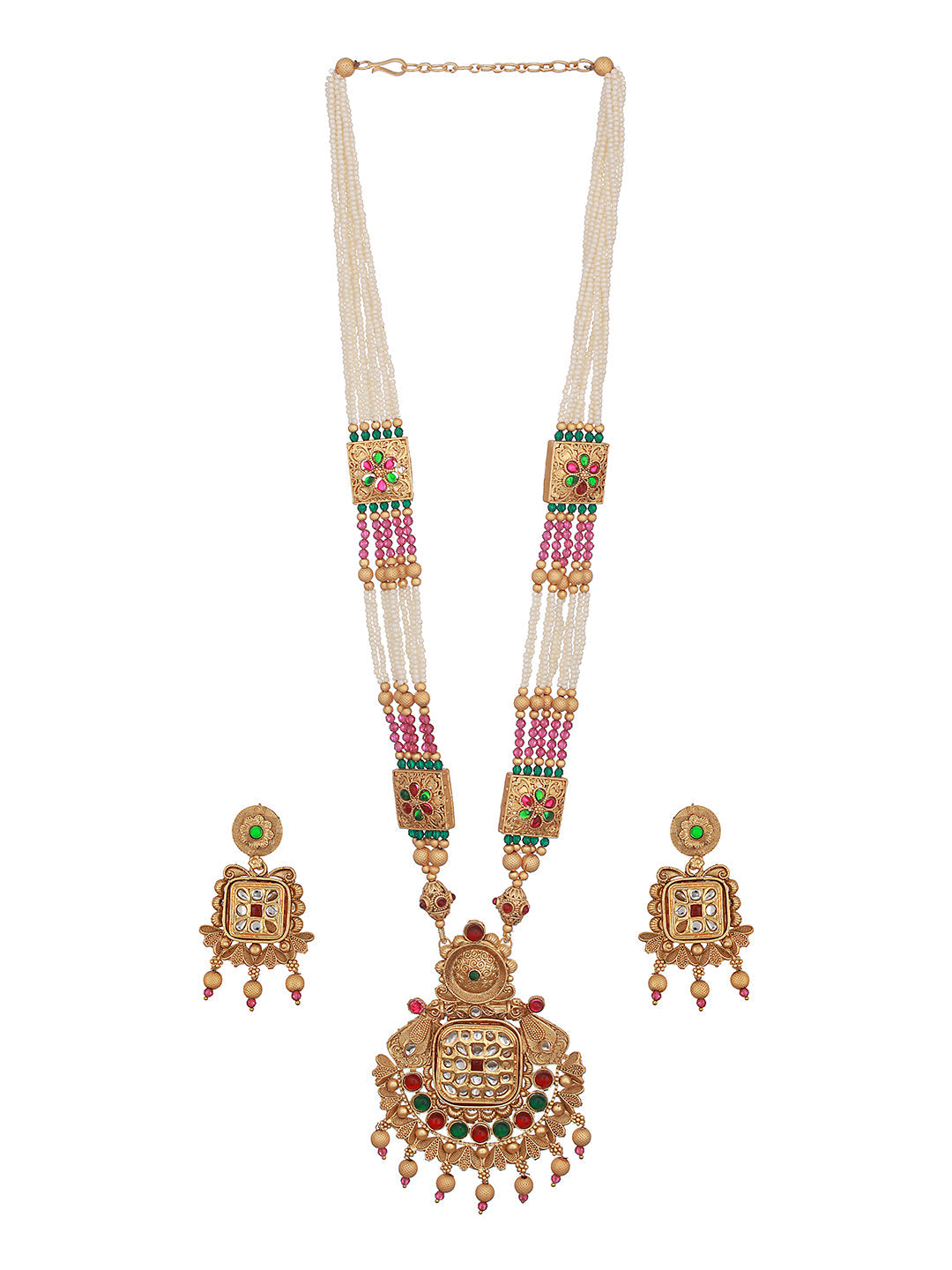 24K Gold-Plated Red & Greed Stone Studded Beaded Handcrafted Traditional Necklace Set
