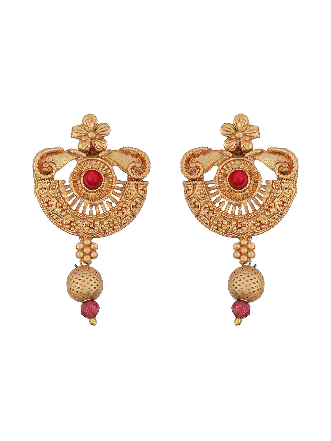 Gold-Plated Red Stone Studded & White Pearl Beaded Traditional Jewellery Set