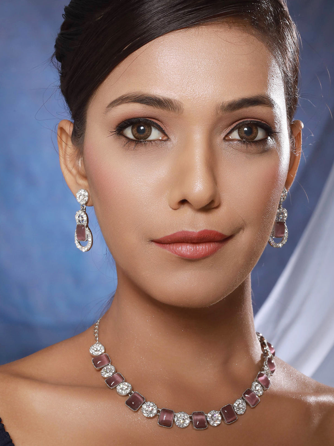 Silver-Plated Wine Stone & White Ad-Studded Necklace And Earrings