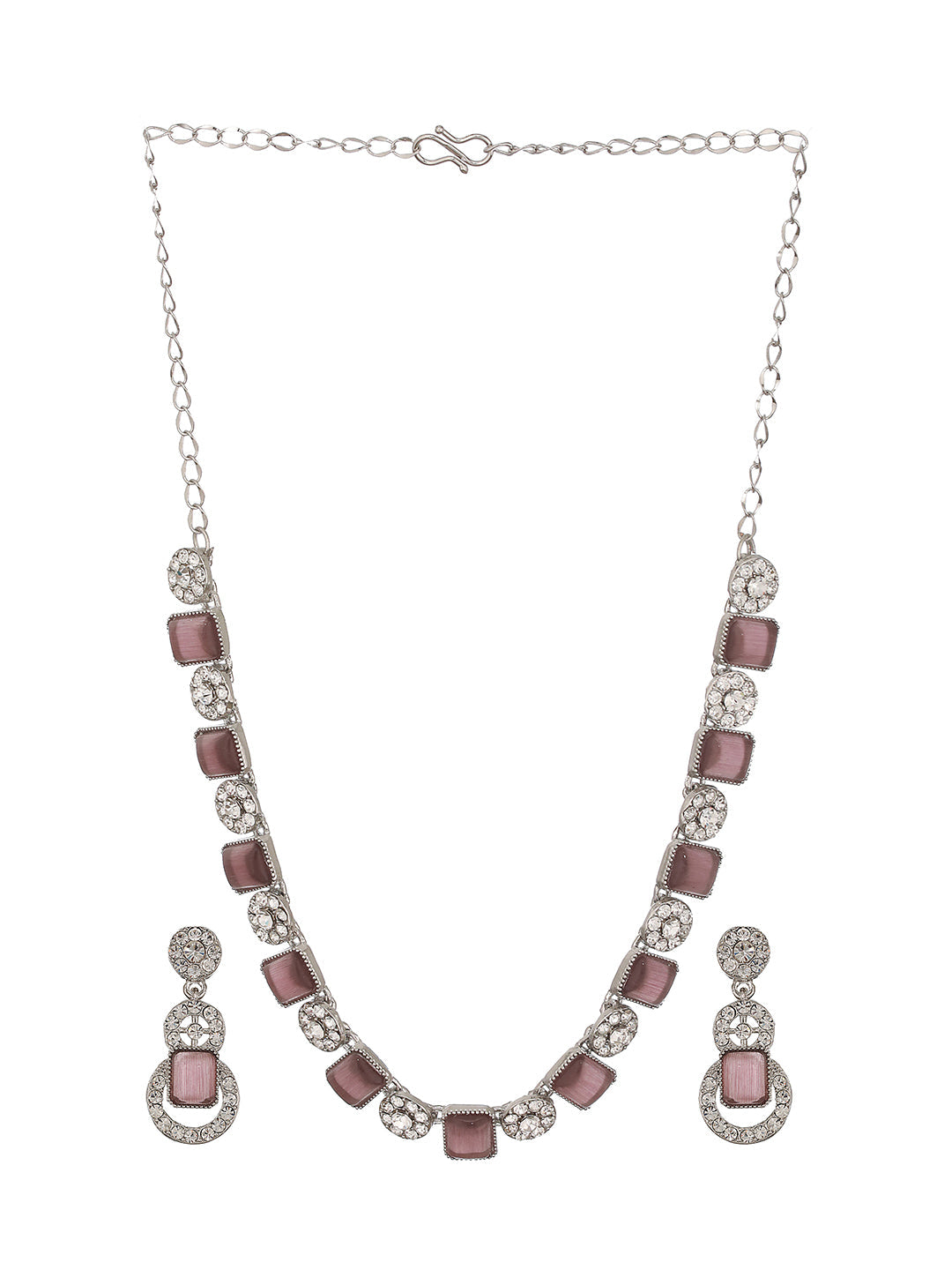 Silver-Plated Wine Stone & White Ad-Studded Necklace And Earrings