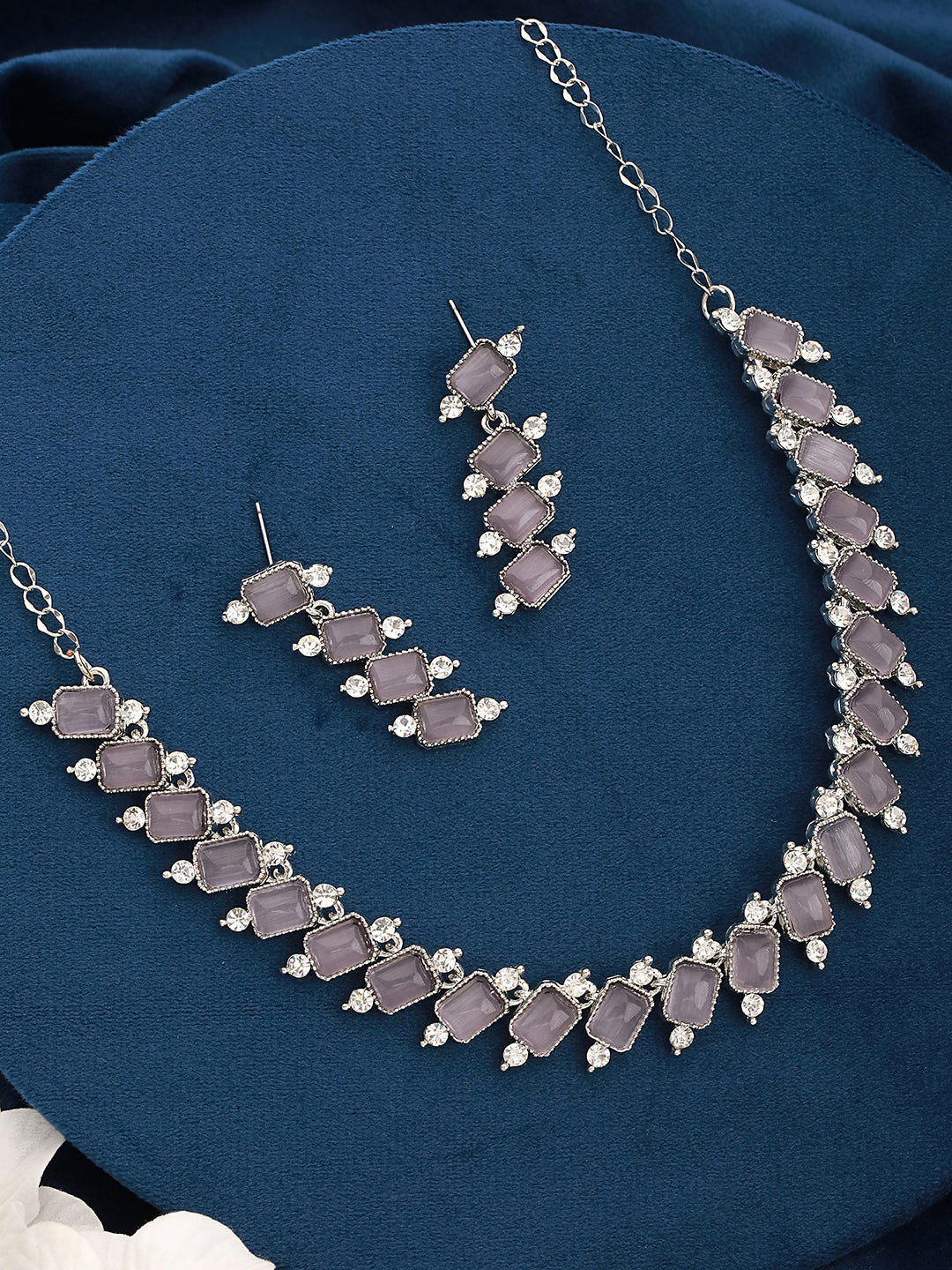 Silver-Plated Grey Stone & White Ad-Studded Necklace And Earrings