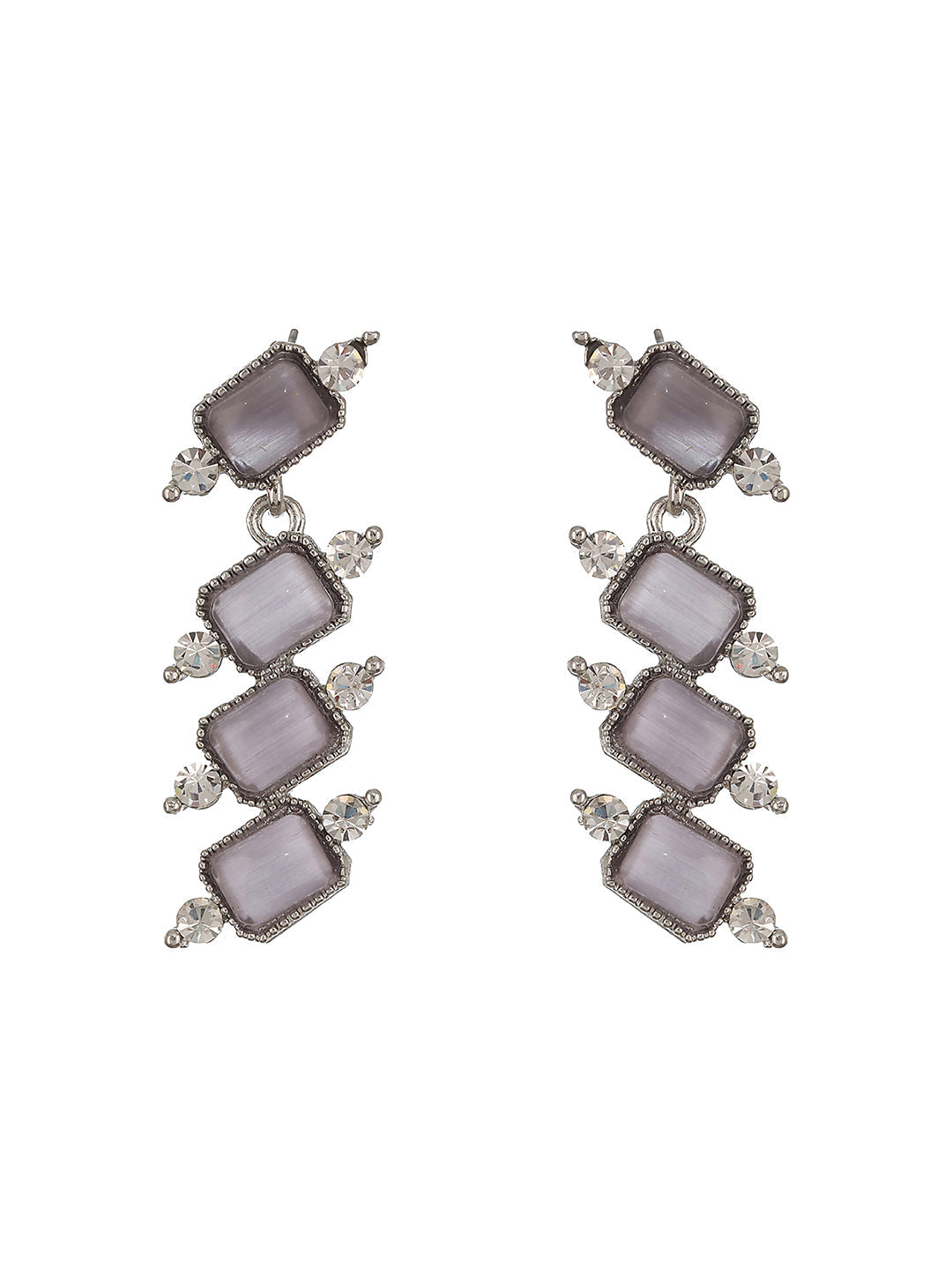 Silver-Plated Grey Stone & White Ad-Studded Necklace And Earrings