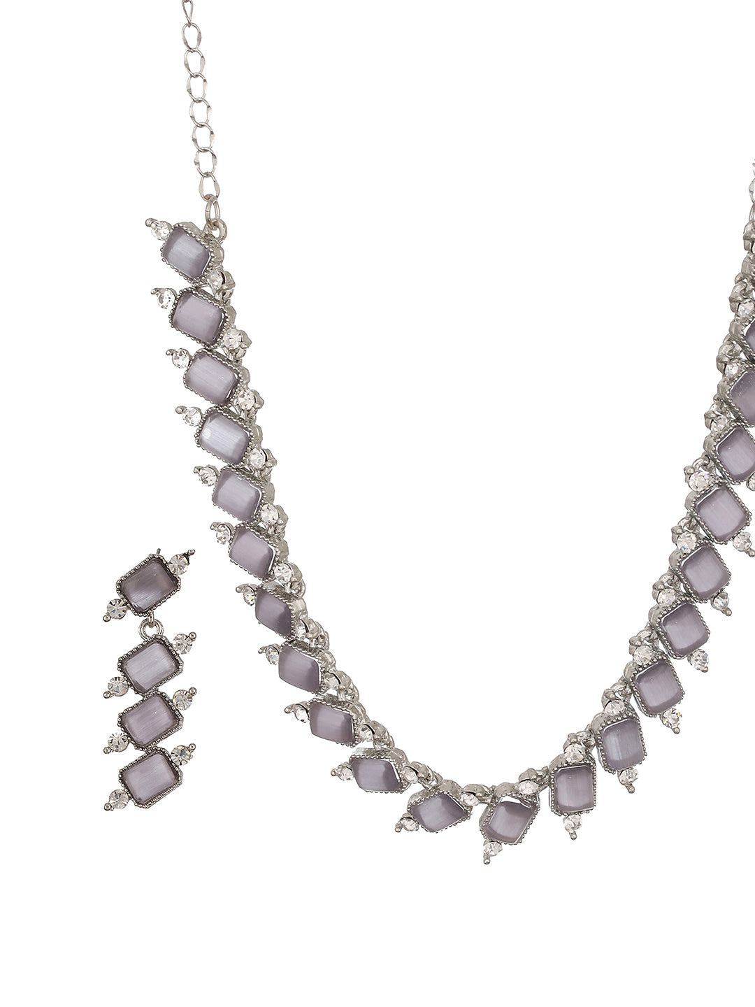 Silver-Plated Grey Stone & White Ad-Studded Necklace And Earrings