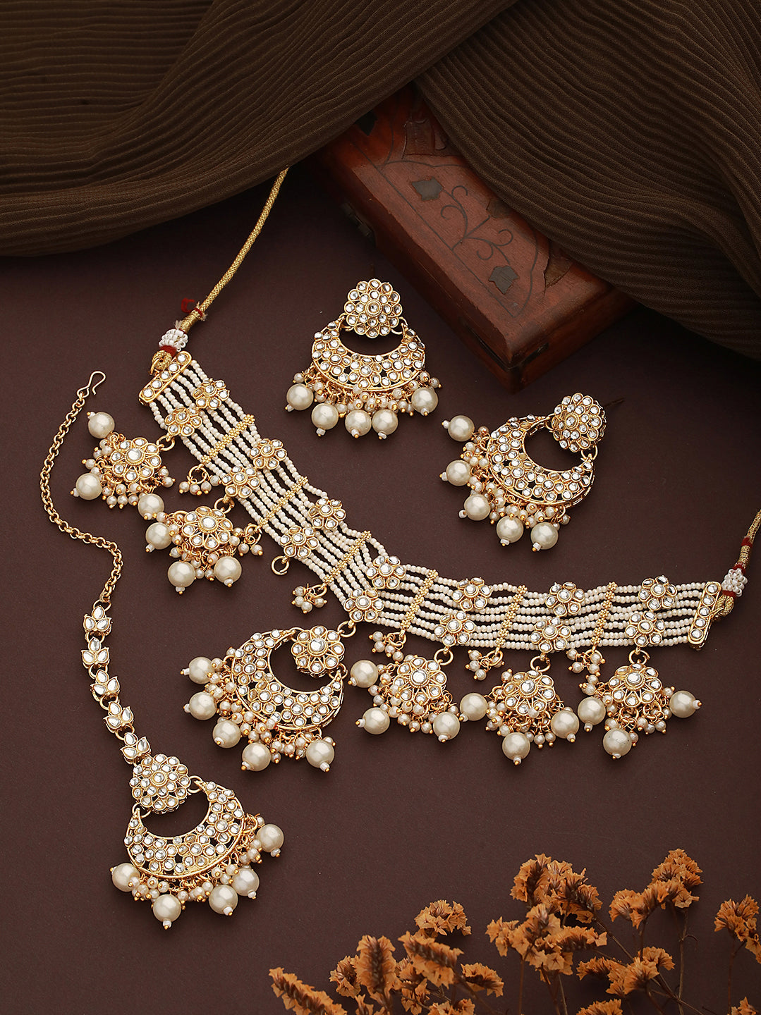 Jazz And Sizzle Gold-Plated Kundan-Studded & Pearl Beaded Handcrafted Jewellery Set With Maangtikka