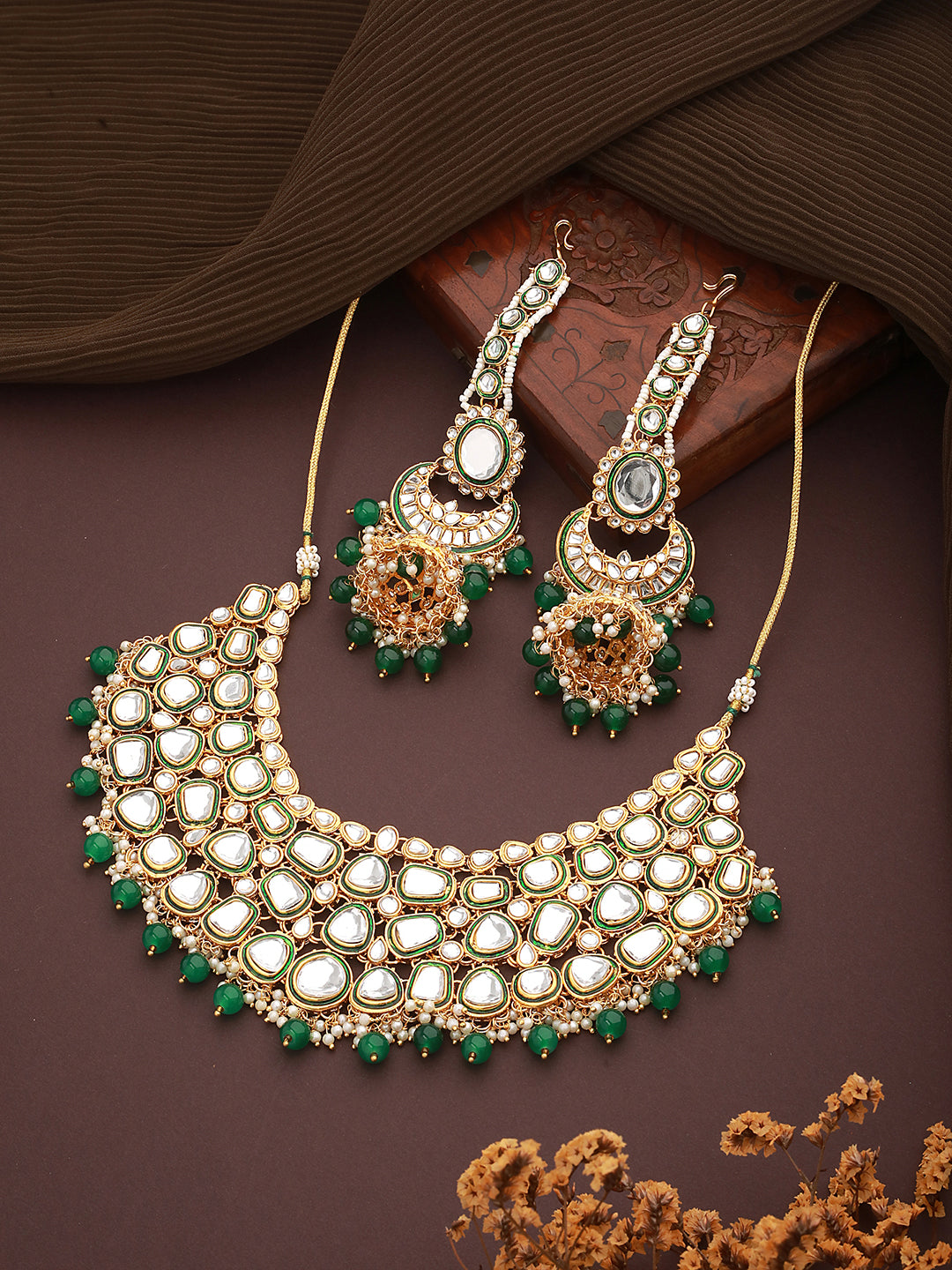 Gold-Plated Green & White Kundan-Studded & Beaded Handcrafted Jewellery Set
