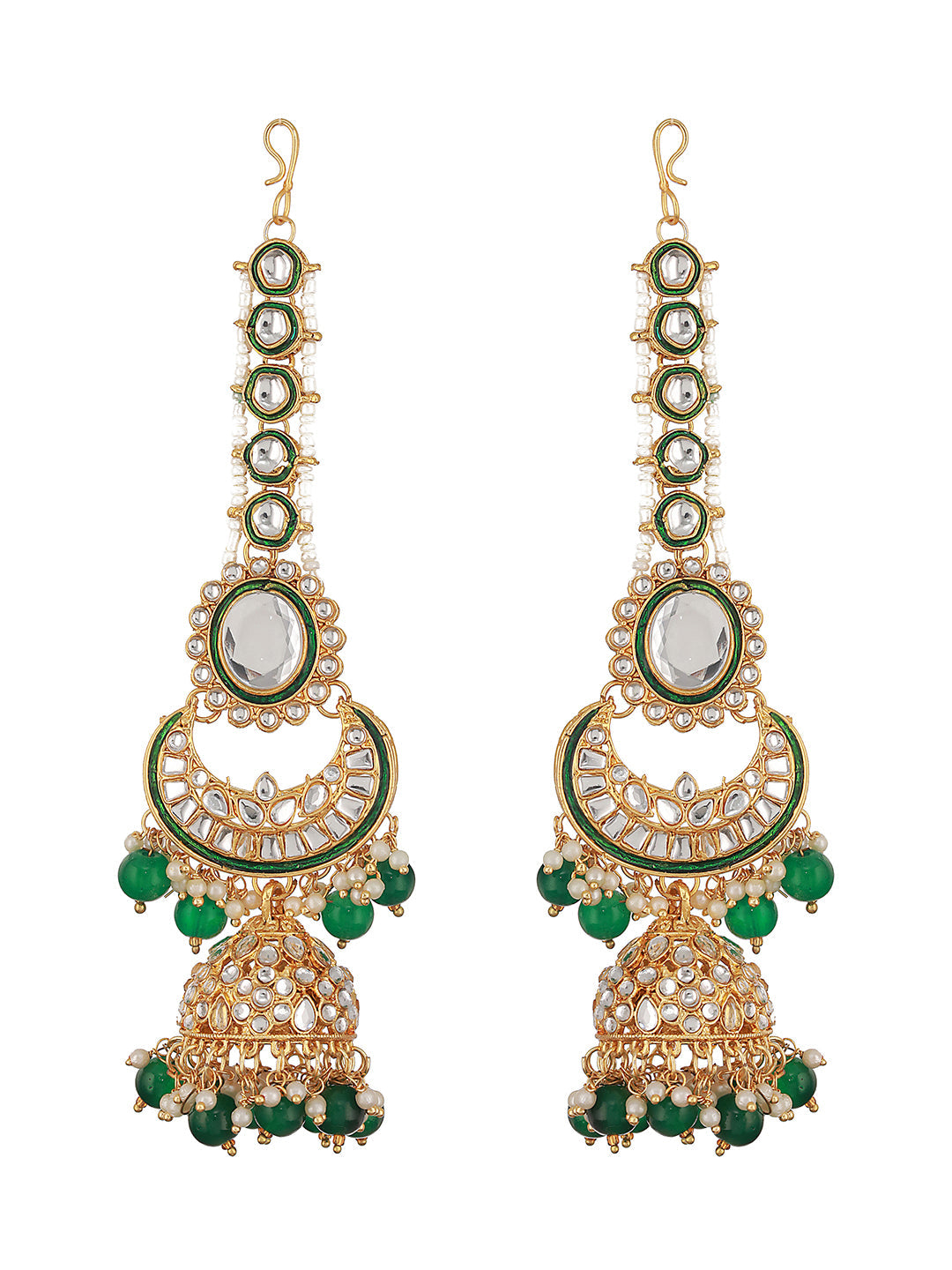 Gold-Plated Green & White Kundan-Studded & Beaded Handcrafted Jewellery Set