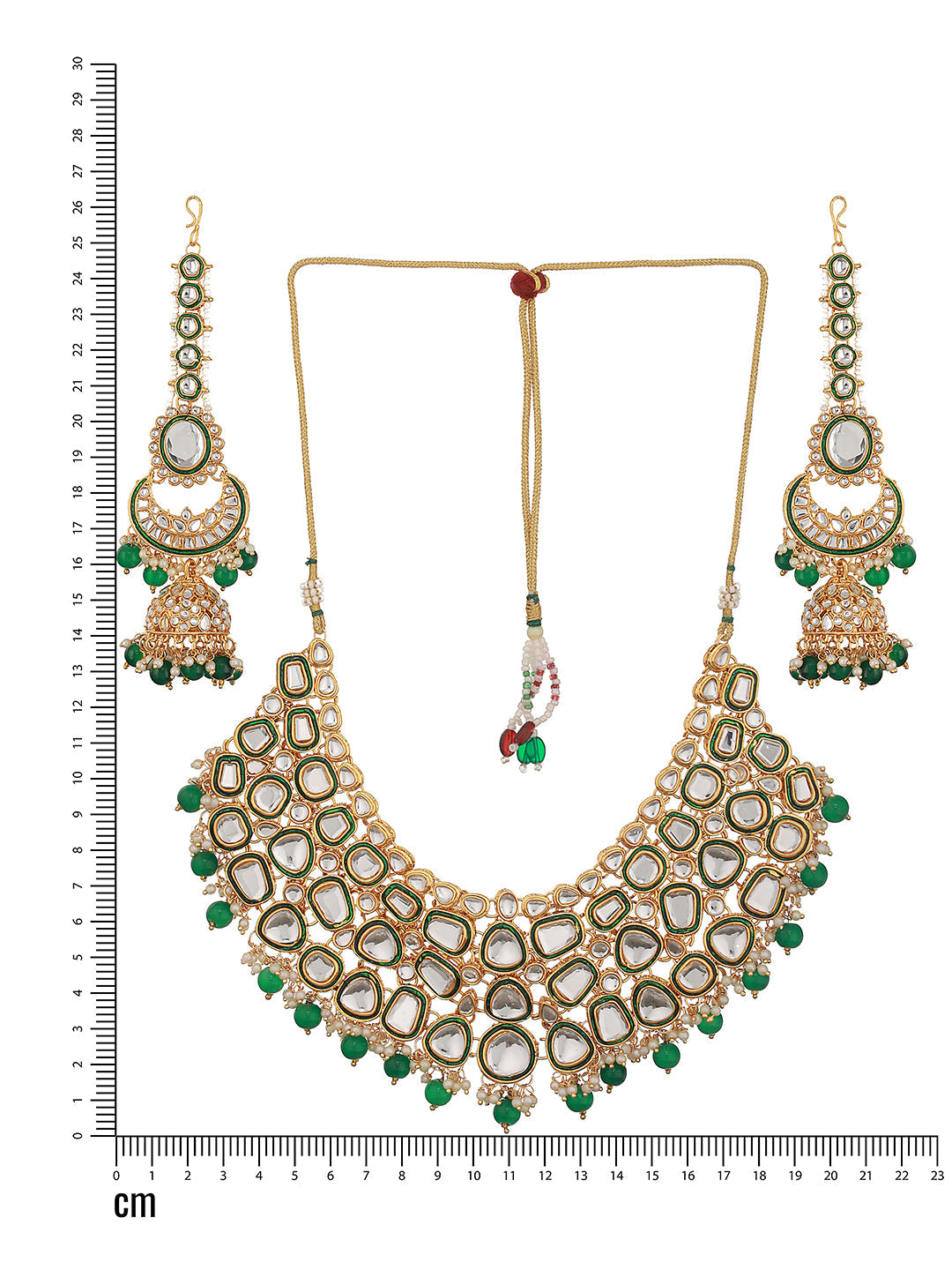 Gold-Plated Green & White Kundan-Studded & Beaded Handcrafted Jewellery Set