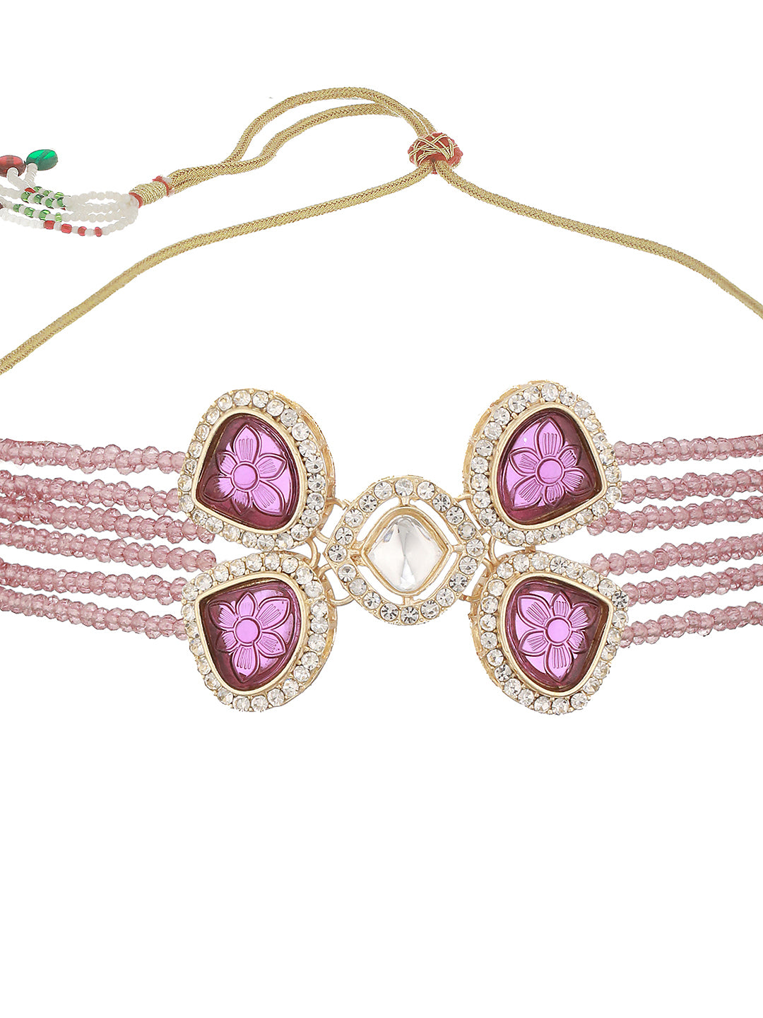 Gold-Plated Purple Kundan Studded & Beaded Jewellery Set With Ring