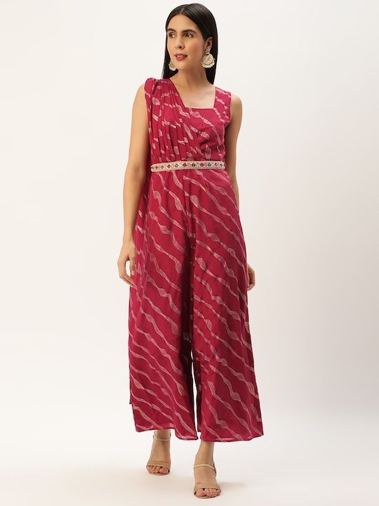 Bollywood Vogue Ready To Wear Wine Chinon Foil Print Draped Style Jumpsuit