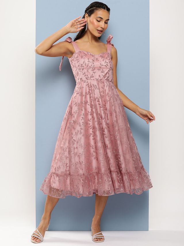 Bollywood Vogue Ready To Wear Pink Embroidered Net Corset Style Dress