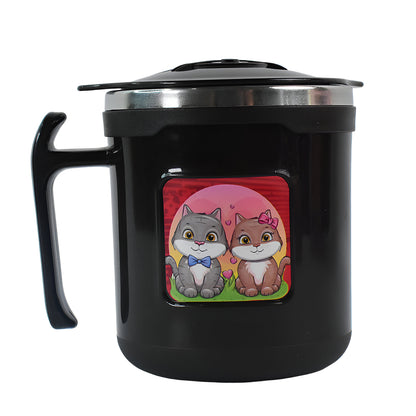 1 Pc Apex Cat Mug – 250 ml Stainless Steel Insulated Inner with Cute Cat Print and Plastic Outer Body with  Leak-Proof Lid