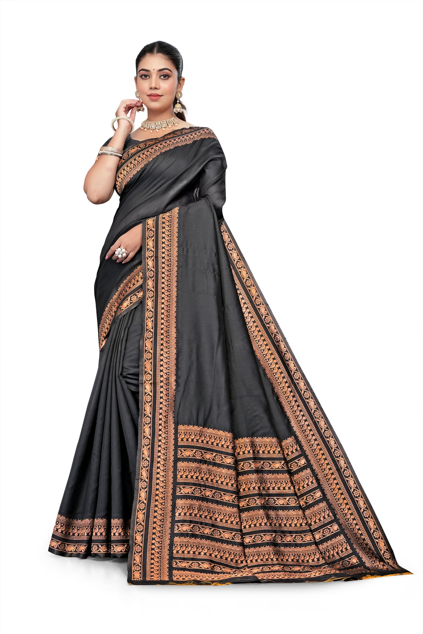 AXONIT Black Banarasi Silk Saree with Antique Copper Zari Border & Pallu